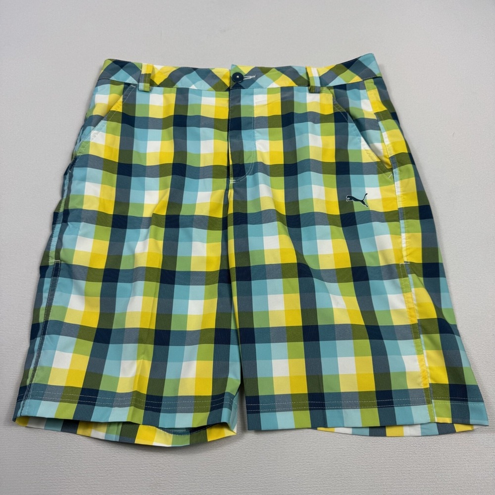 PUMA Men's Chino Golf Shorts Flat Front Plaid Polyester Spandex Multicolor Sz 32